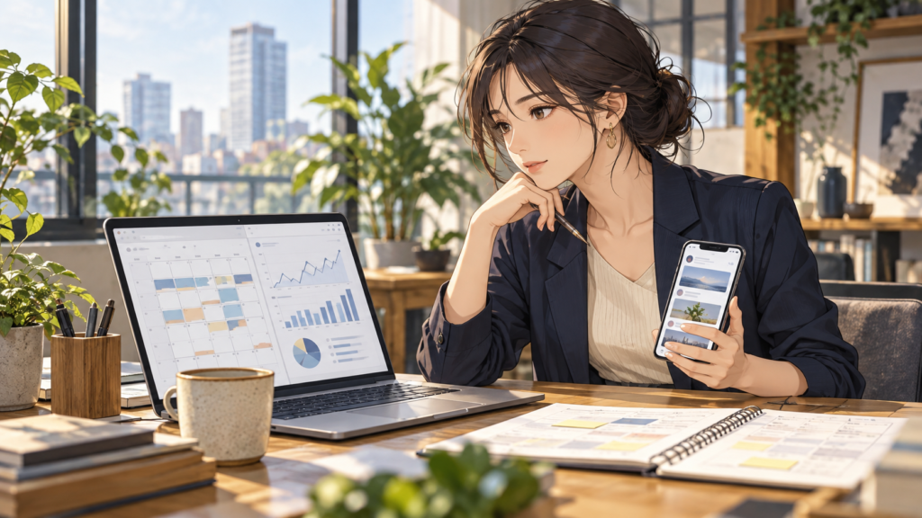 Xの投稿計画と反応をパソコンとスマートフォンで確認するSNS担当者のイラスト