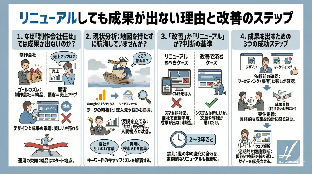 リニューアルしても成果が出ないホームページを改善する方法のインフォグラフィックス