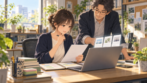 Web担当者が週次の作業計画とAIの下書きを人と一緒に確認するイメージ