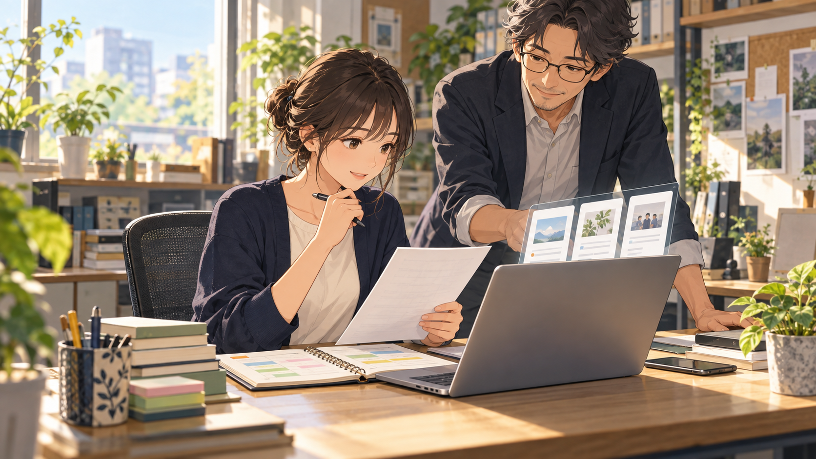 Web担当者が週次の作業計画とAIの下書きを人と一緒に確認するイメージ