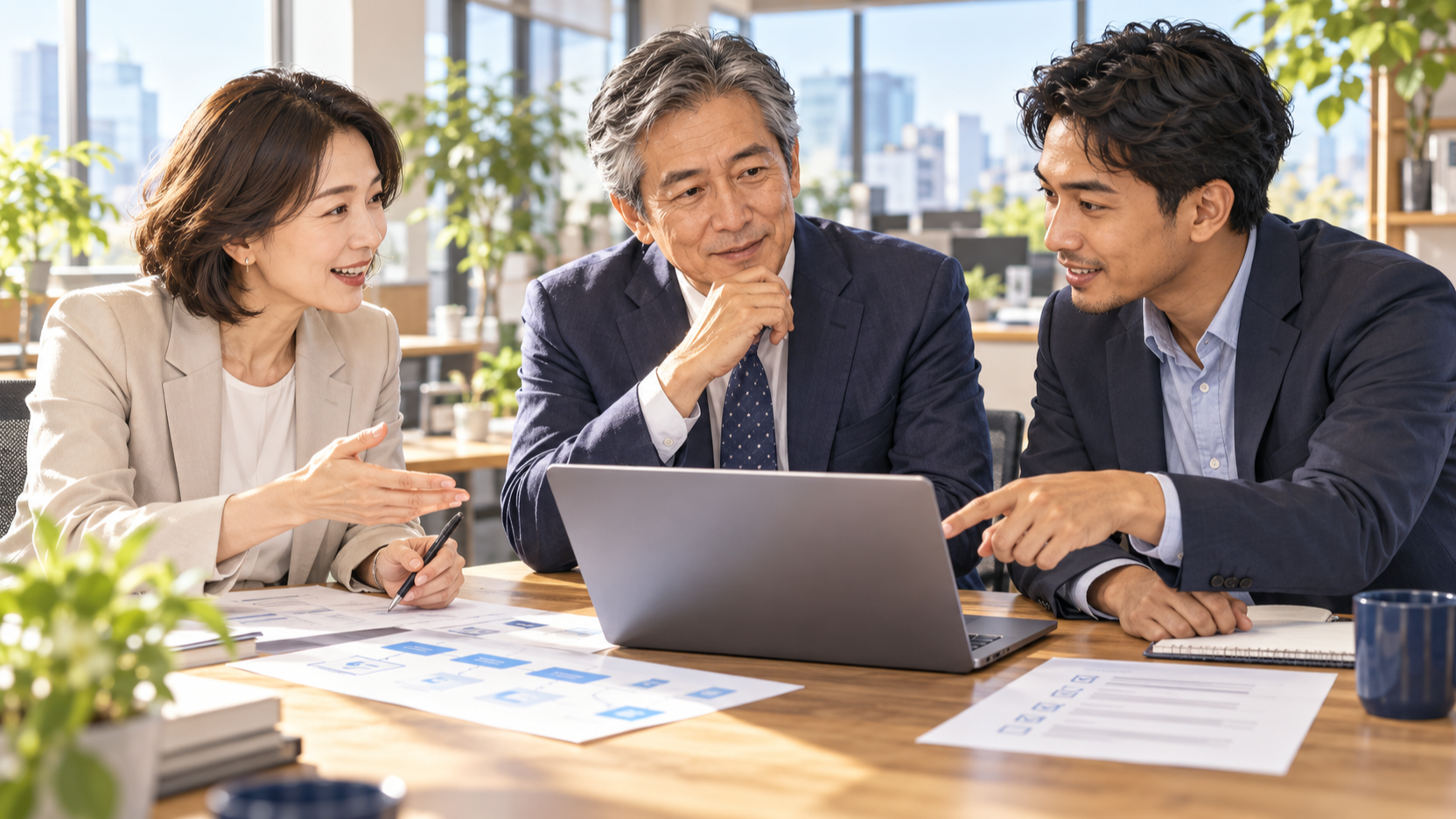 経営者と社員が、AIを使う仕事の進め方を相談しているイメージイラスト