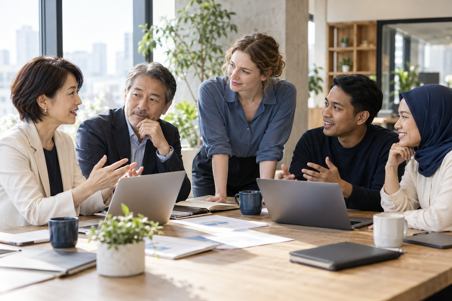 多様な背景を持つ人たちが話し合いながら仕事を進めるイメージ