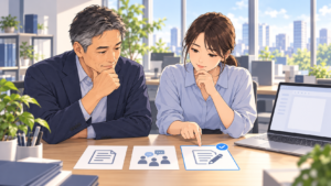 経営者と担当者が日報・会議・提案準備のカードを比べ、AIで試す仕事を選ぶイメージ