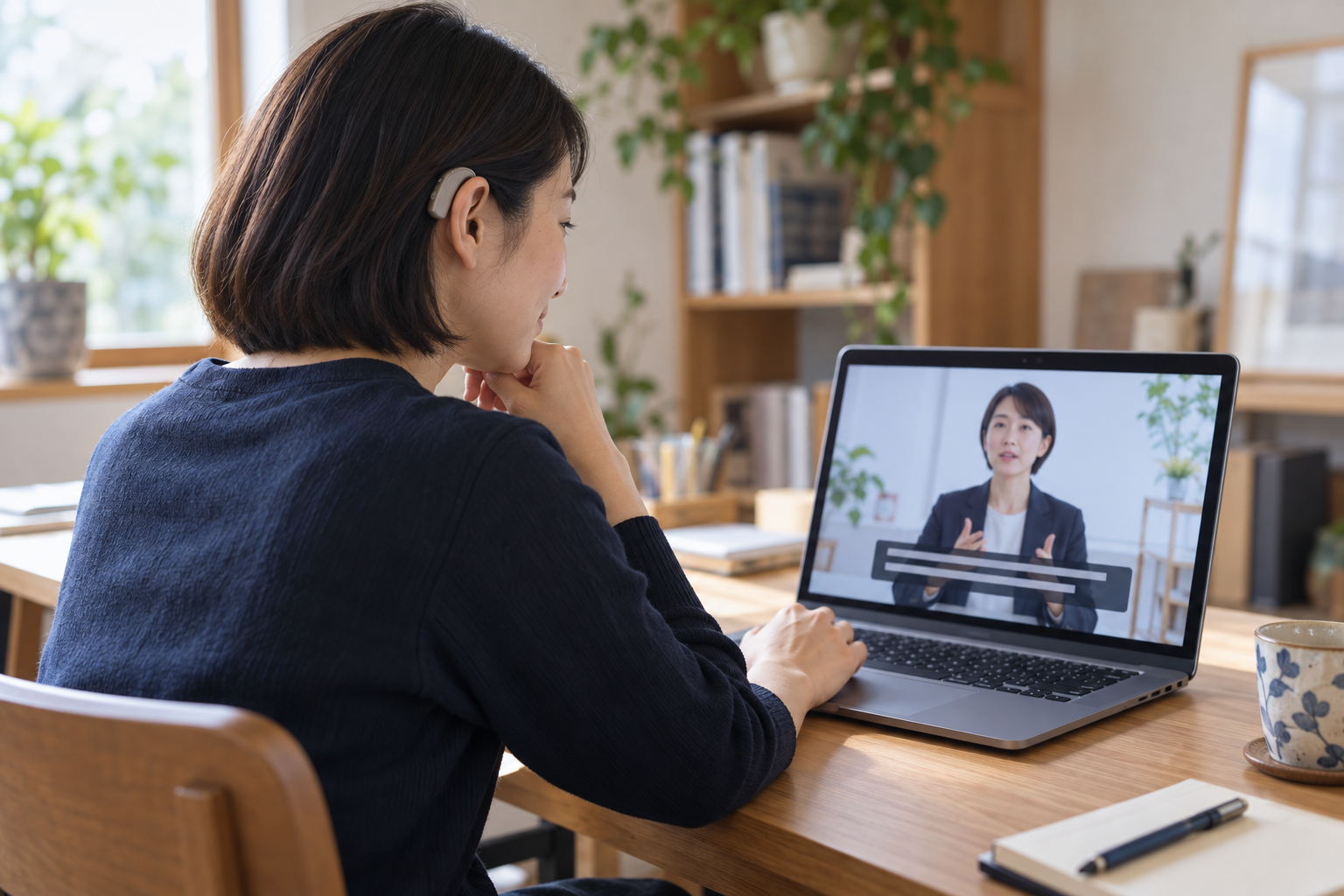 補聴器を着けた人が、字幕付き動画をパソコンで見る場面