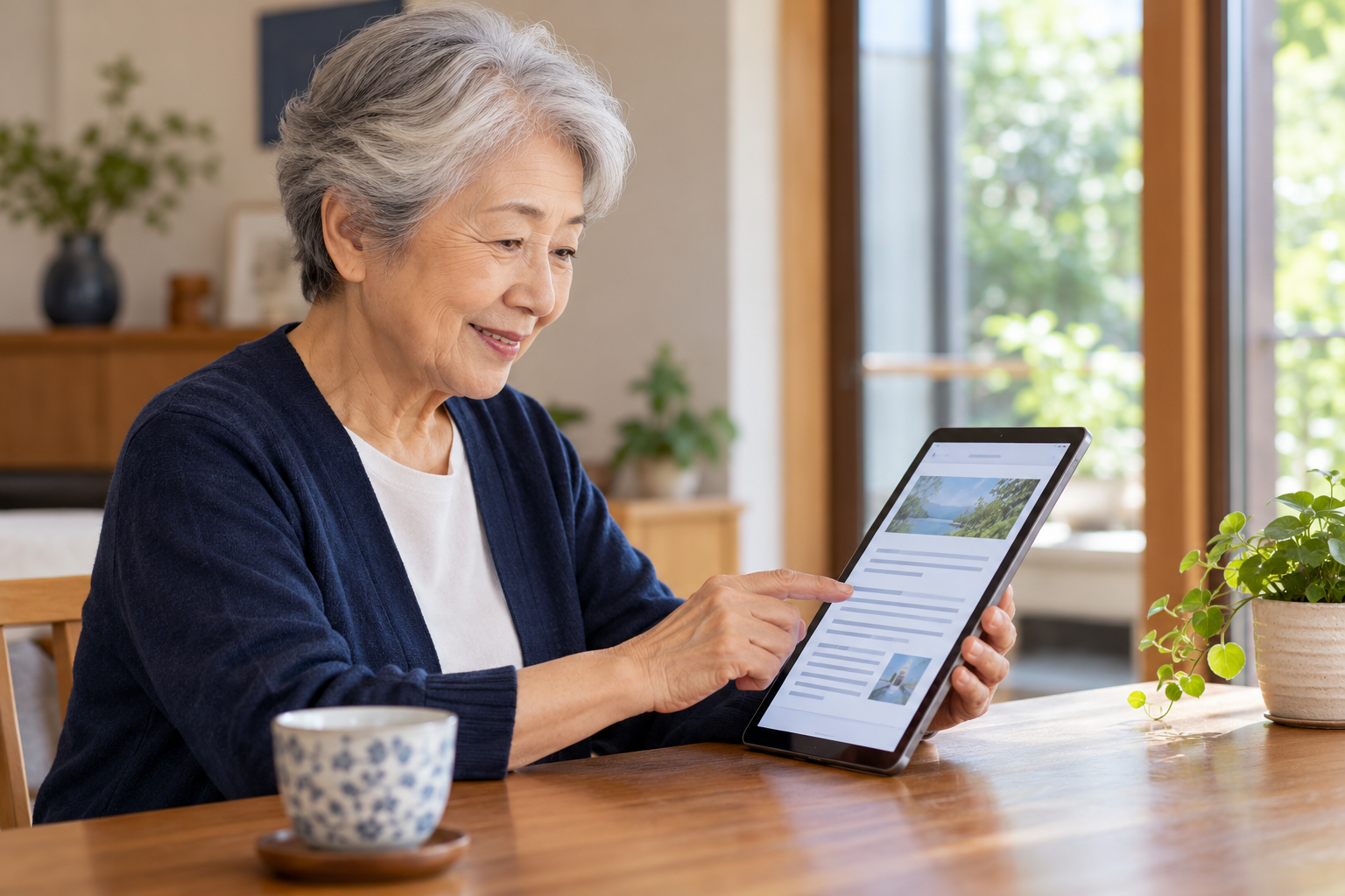 高齢の女性が、タブレットに拡大表示された案内を読む場面