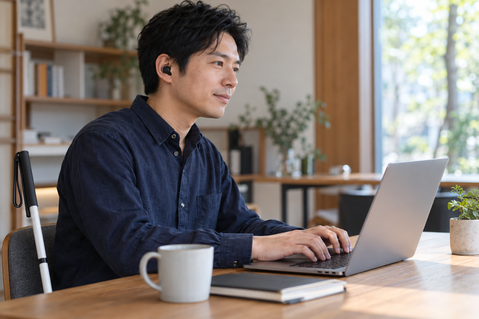 イヤホンを着けた人が、ノートパソコンのキーボードを操作する場面